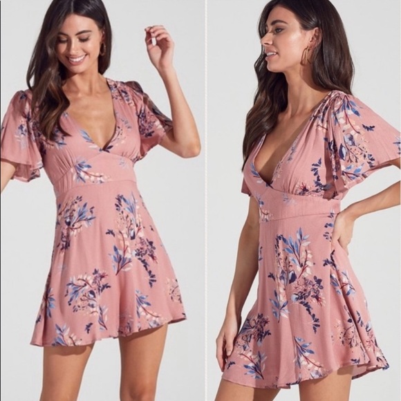 MAUVE FLORAL OPEN SELF TIE BACK MINI DRESS - Picture 5 of 5